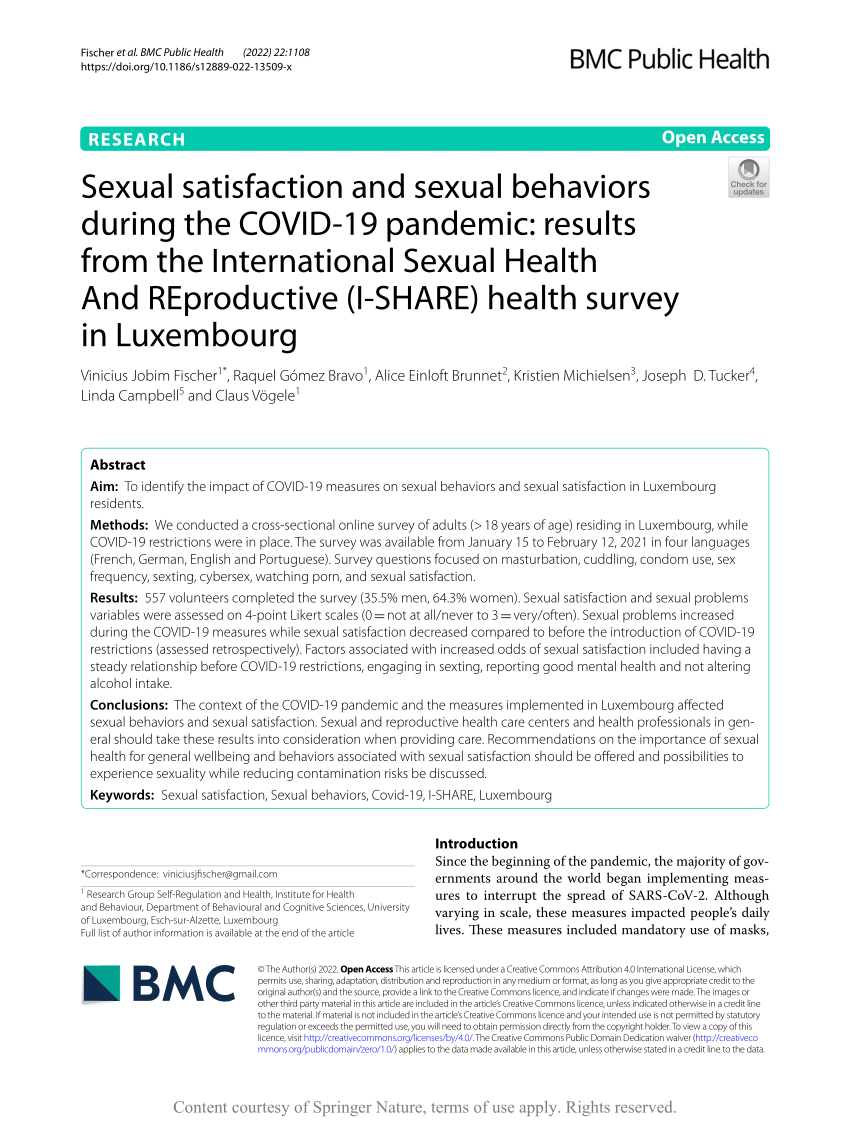 PDF) Sexual satisfaction and sexual behaviors during the COVID-19 pandemic results from the International Sexual Health And REproductive (I-SHARE) health survey in Luxembourg
