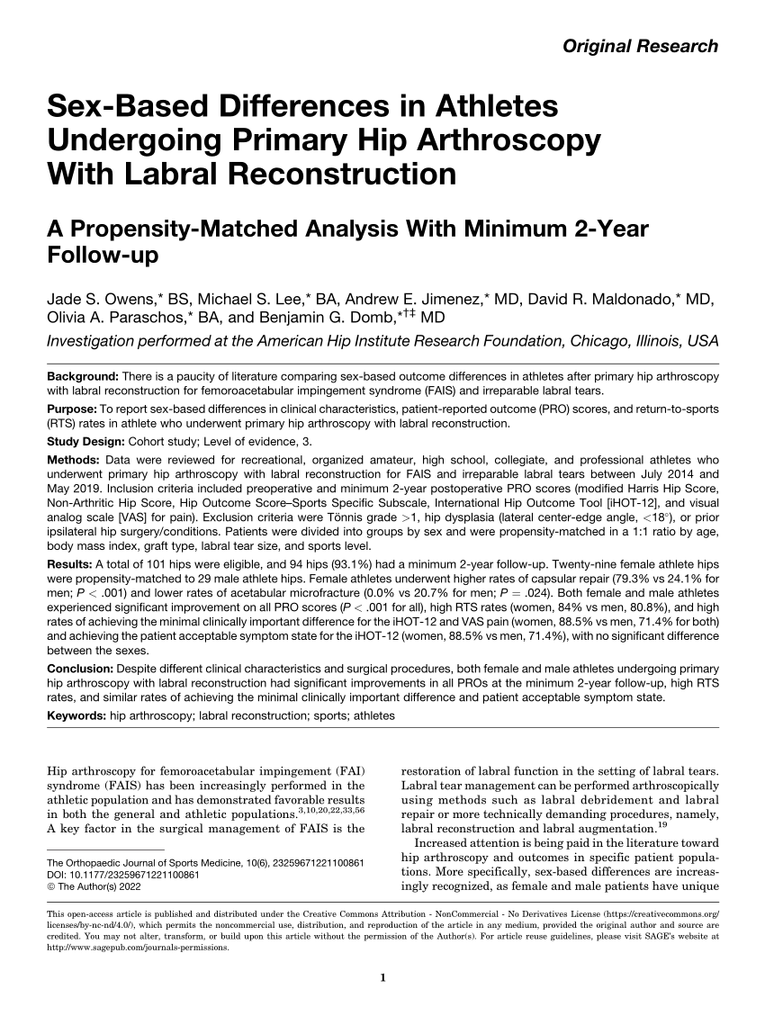 Pdf Sex Based Differences In Athletes Undergoing Primary Hip Arthroscopy With Labral 3102