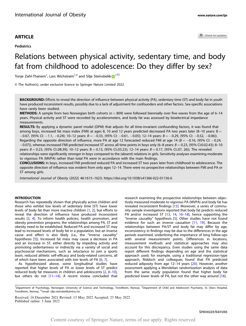 Relations between physical activity, sedentary time, and body fat from  childhood to adolescence: Do they differ by sex? | Request PDF