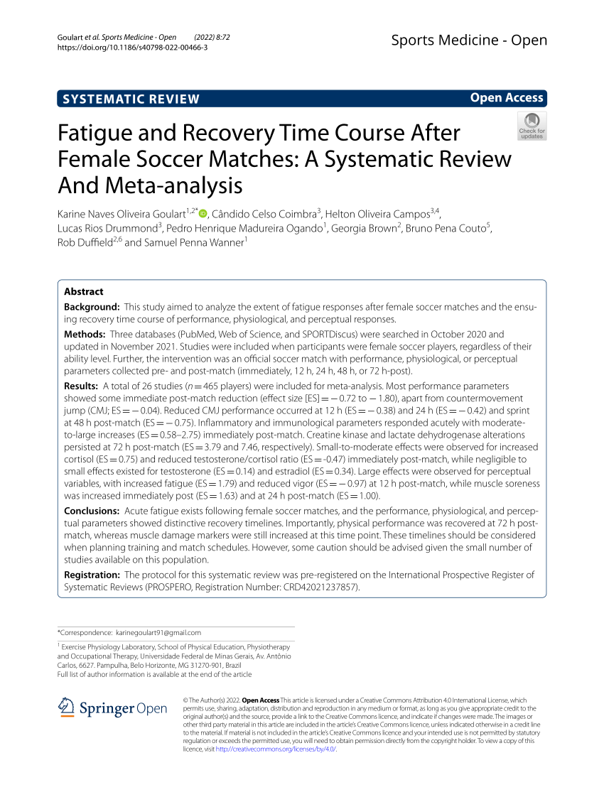 (PDF) Fatigue and Recovery Time Course After Female Soccer Matches A Systematic Review And Meta-analysis