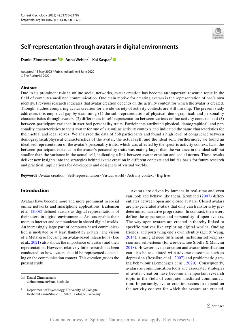 (PDF) Self-representation through avatars in digital environments