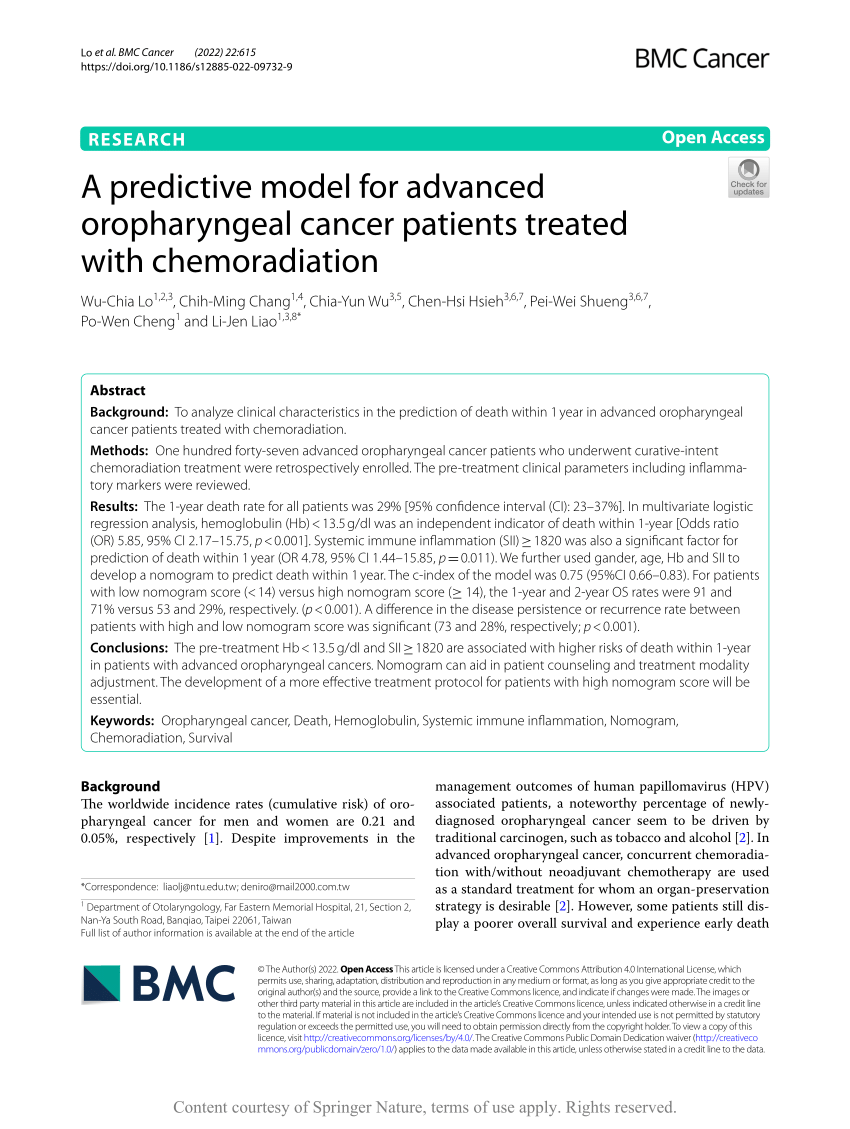 Pdf A Predictive Model For Advanced Oropharyngeal Cancer Patients