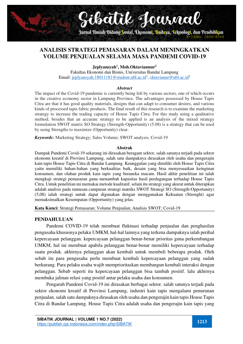 PDF ANALISIS STRATEGI PEMASARAN DALAM MENINGKATKAN VOLUME PENJUALAN SELAMA MASA PANDEMI COVID