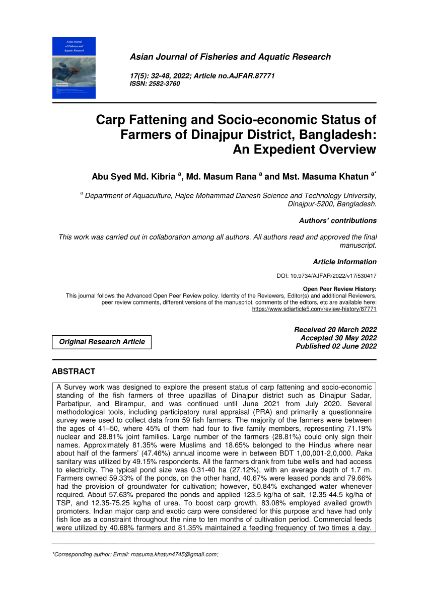 PDF) Carp Fattening and Socio-economic Status of Farmers of Dinajpur District, Bangladesh An Expedient Overview photo