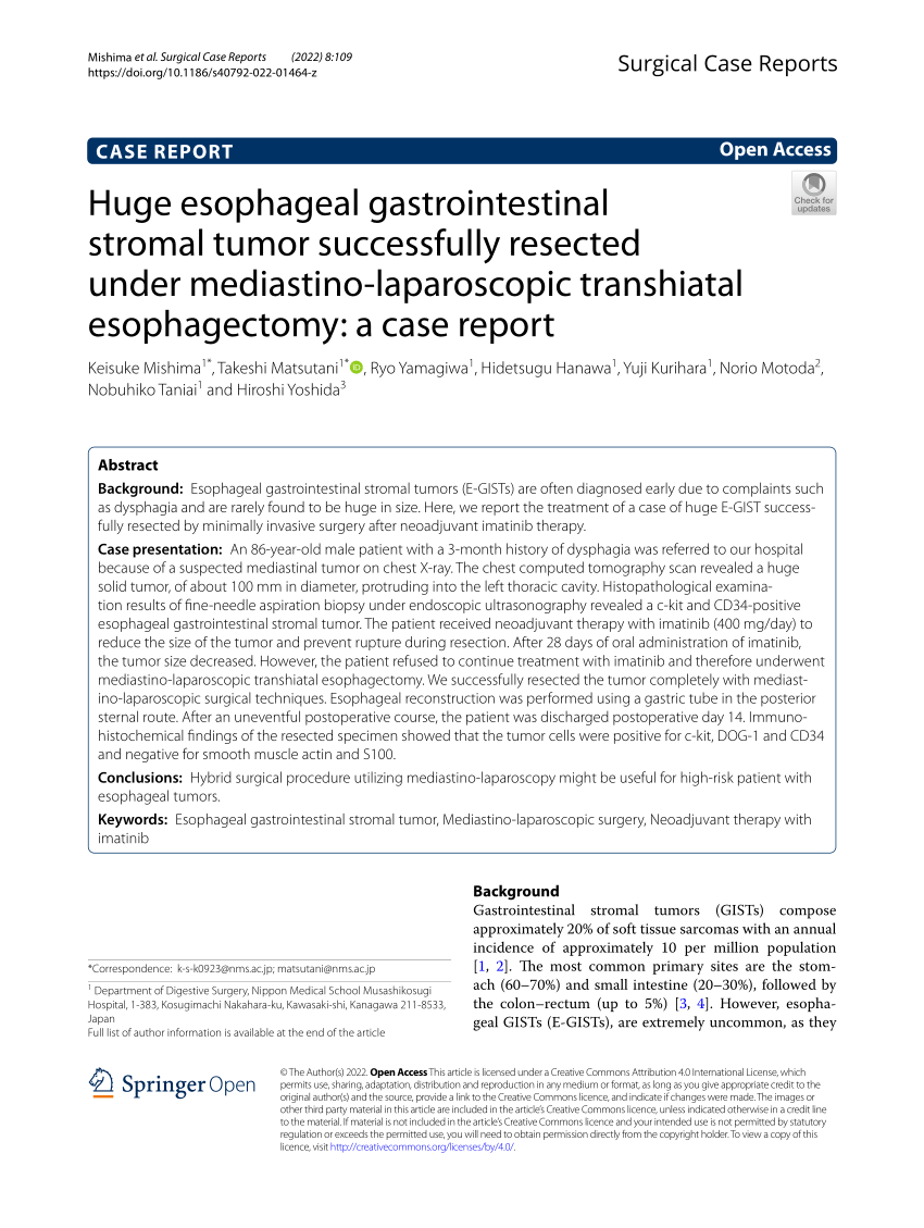 (PDF) Huge esophageal gastrointestinal stromal tumor successfully ...