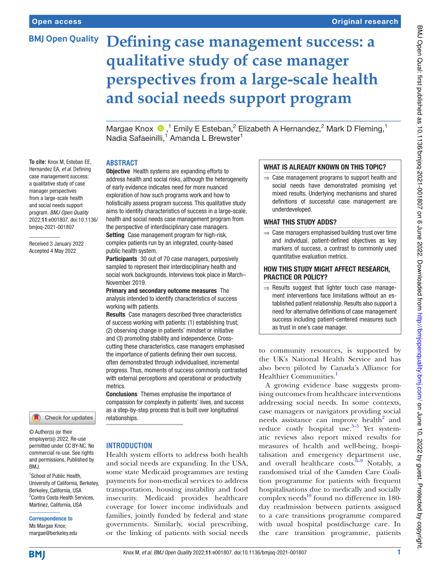 (PDF) Defining case management success: a qualitative study of case