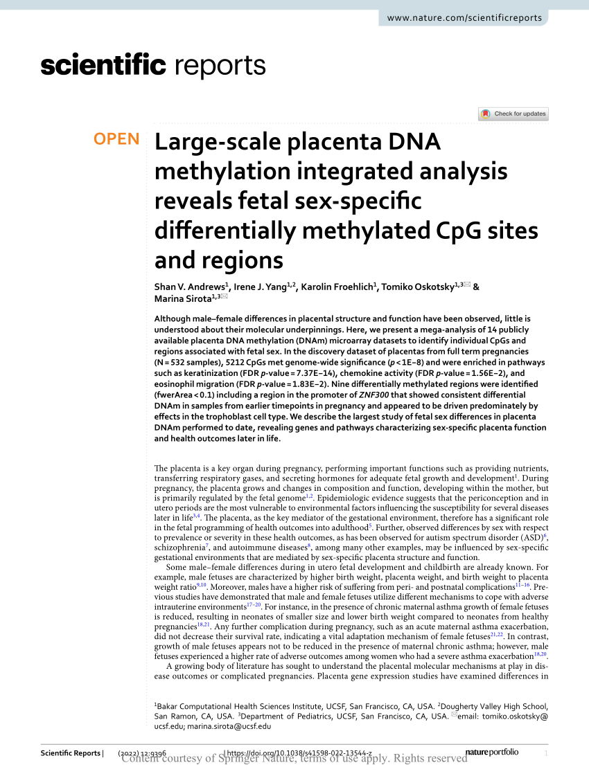 PDF) Large-scale placenta DNA methylation integrated analysis reveals fetal  sex-specific differentially methylated CpG sites and regions