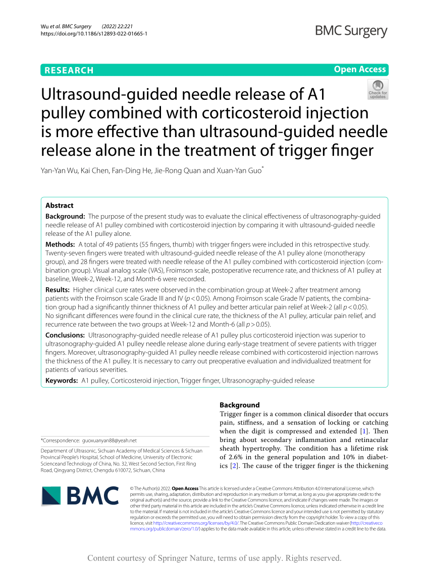 Pdf Ultrasound Guided Needle Release Of A1 Pulley Combined With Corticosteroid Injection Is 2668