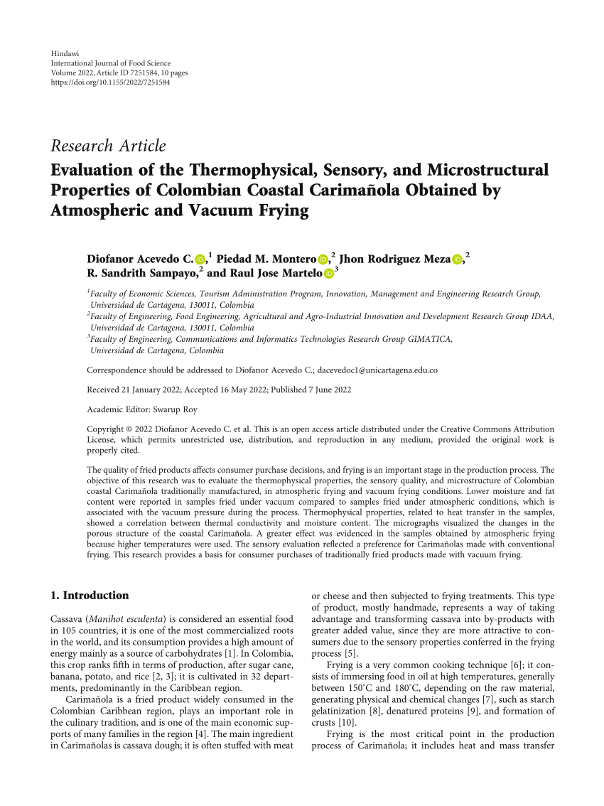 PDF) Evaluation of the Thermophysical, Sensory, and Microstructural  Properties of Colombian Coastal Carimañola Obtained by Atmospheric and  Vacuum Frying