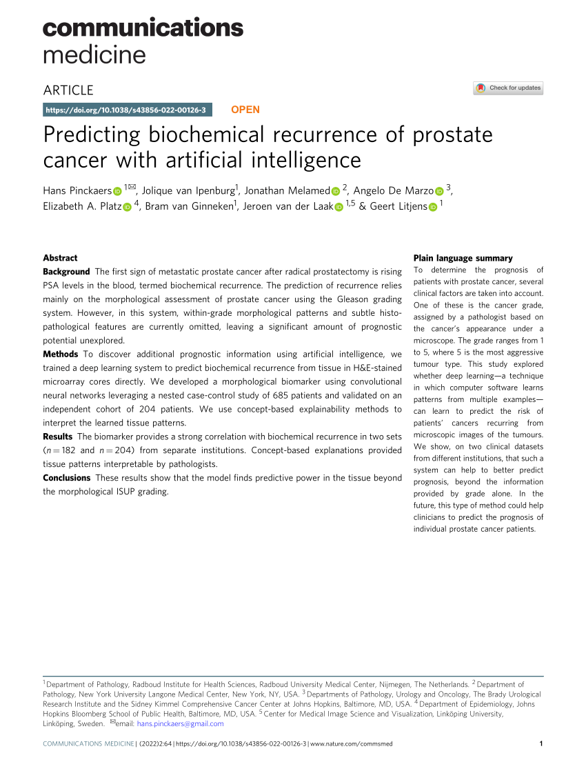 Pdf Predicting Biochemical Recurrence Of Prostate Cancer With Artificial Intelligence