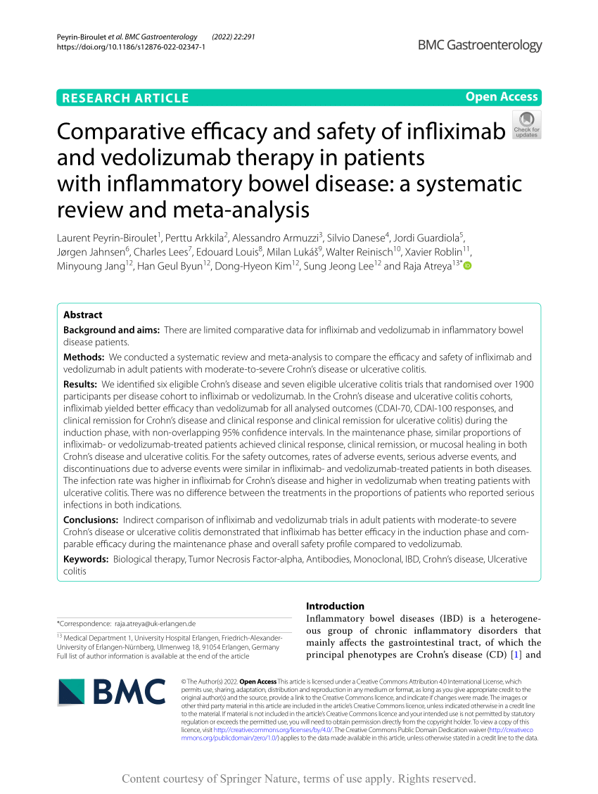 Pdf Comparative Efficacy And Safety Of Infliximab And Vedolizumab Therapy In Patients With 9097