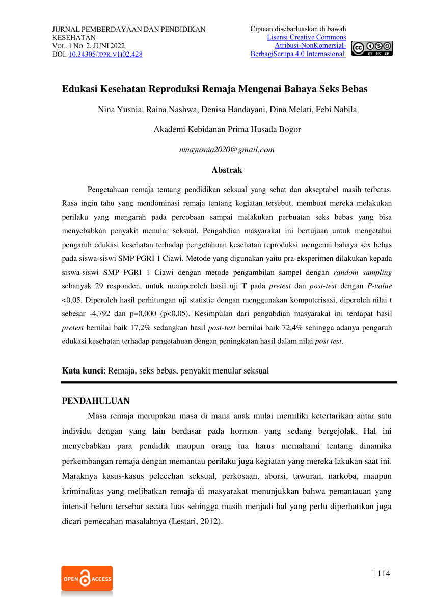 Pdf Edukasi Kesehatan Reproduksi Remaja Mengenai Bahaya Seks Bebas 3220