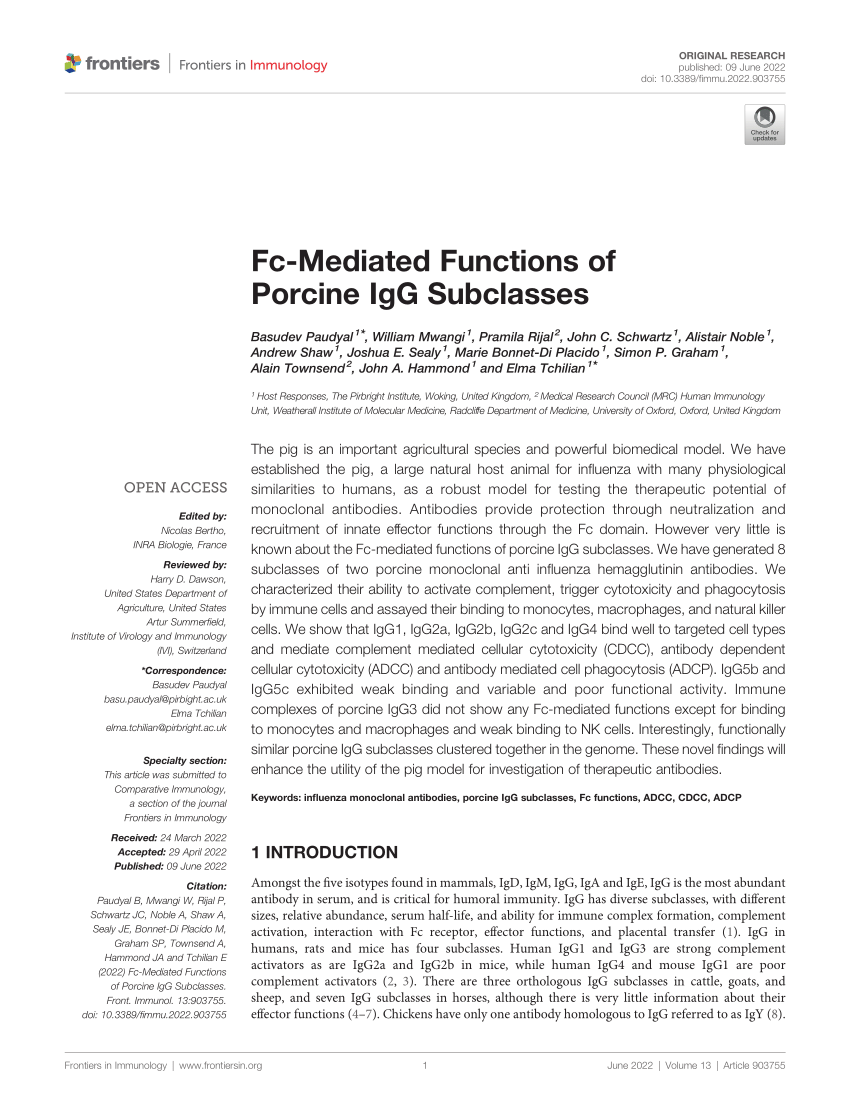 PDF) Fc-Mediated Functions of Porcine IgG Subclasses