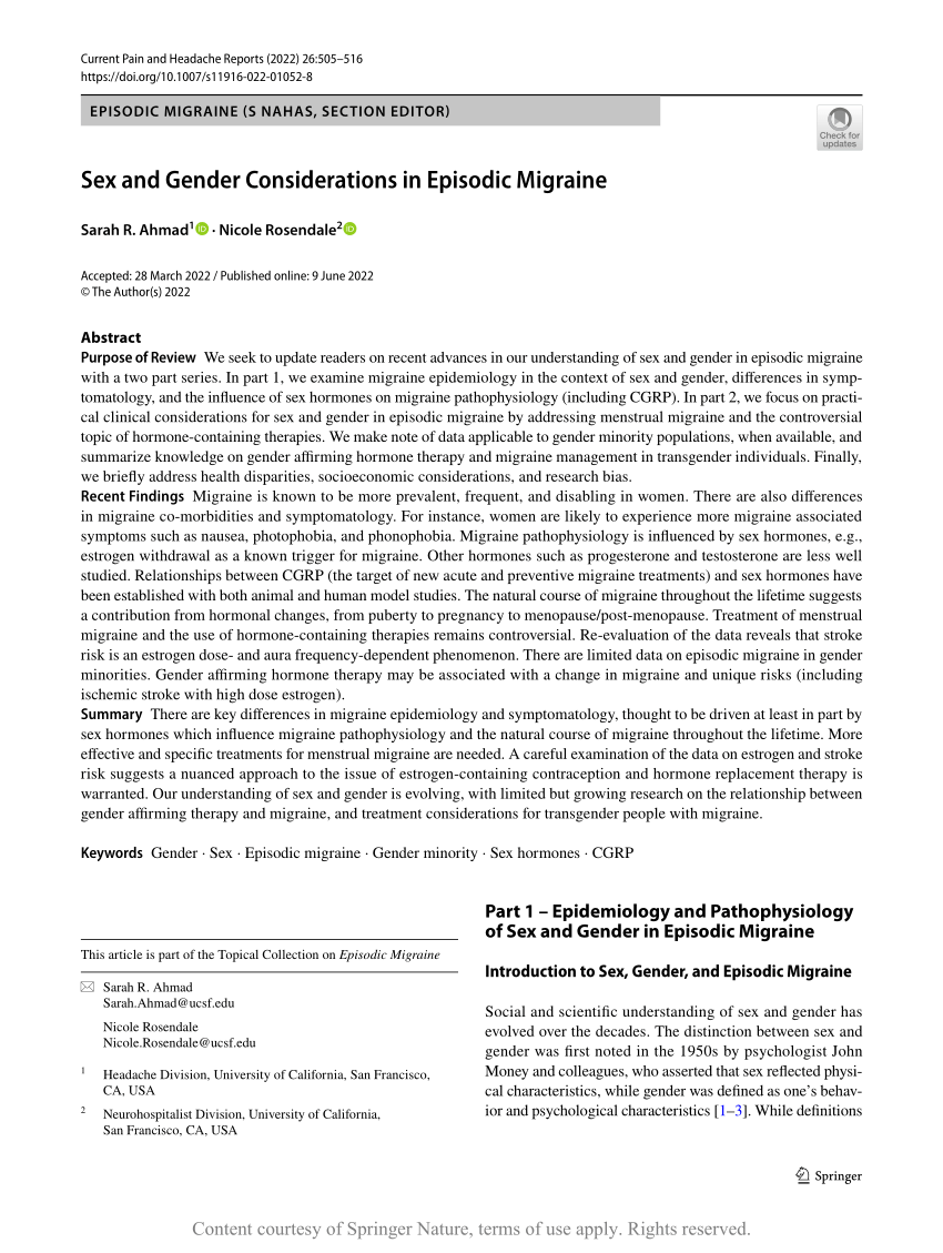 Pdf Sex And Gender Considerations In Episodic Migraine