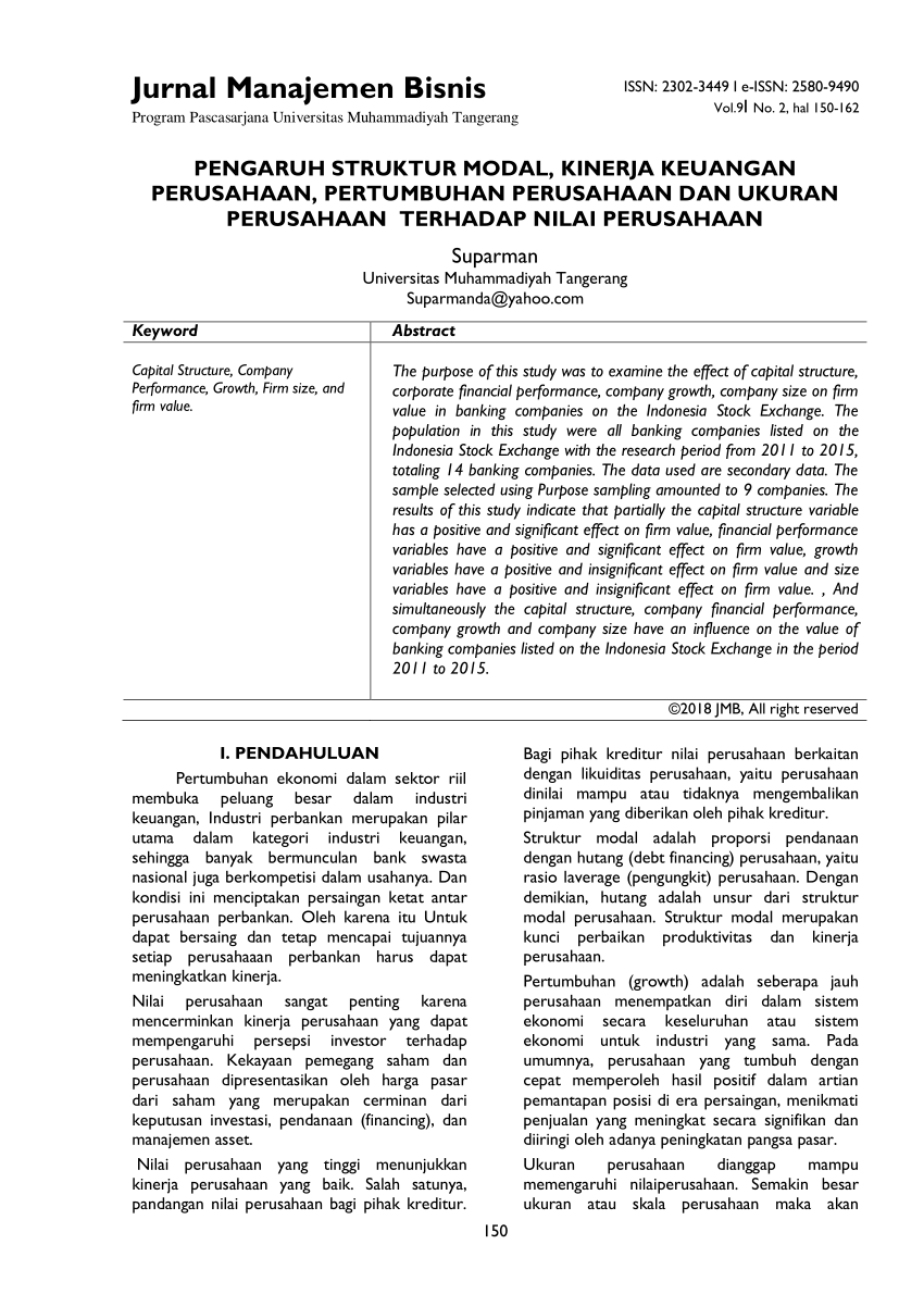 Pdf Pengaruh Struktur Modal Kinerja Keuangan Perusahaan Pertumbuhan Perusahaan Dan Ukuran 8001