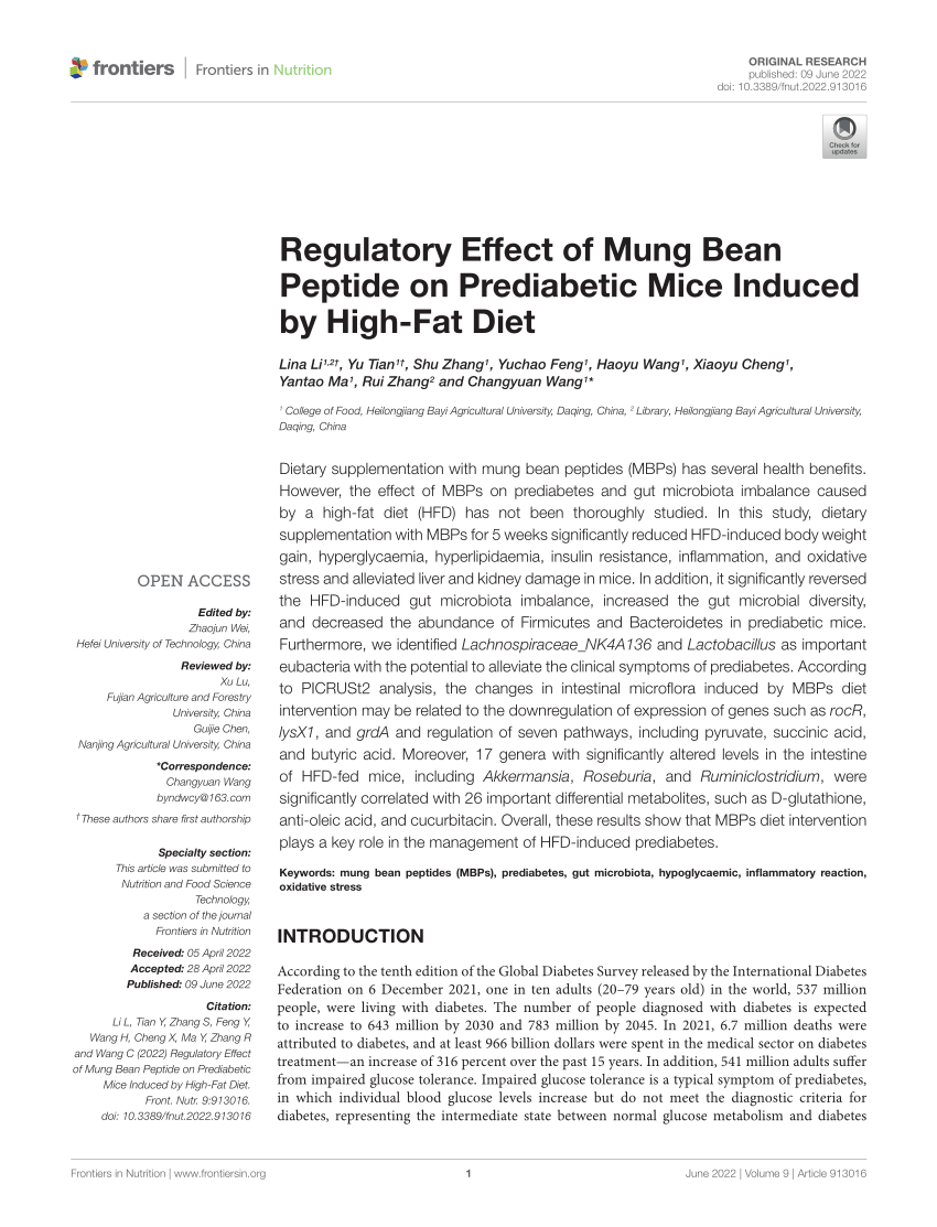 PDF) Regulatory Effect of Mung Bean Peptide on Prediabetic Mice 
