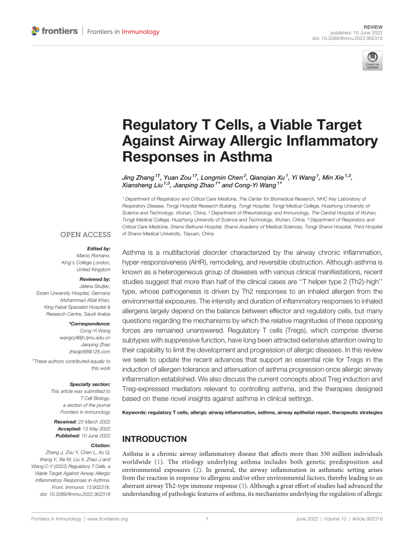 Pdf Regulatory T Cells A Viable Target Against Airway Allergic Inflammatory Responses In Asthma