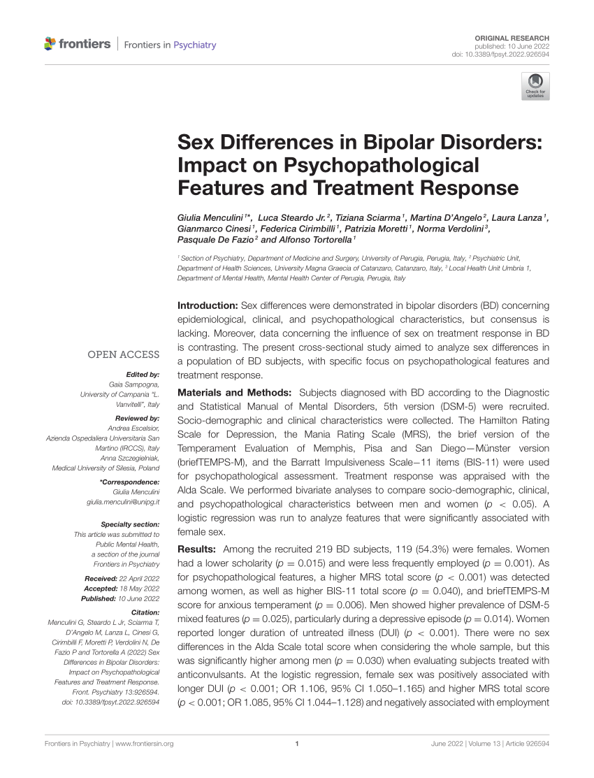 Pdf Sex Differences In Bipolar Disorders Impact On Psychopathological Features And Treatment
