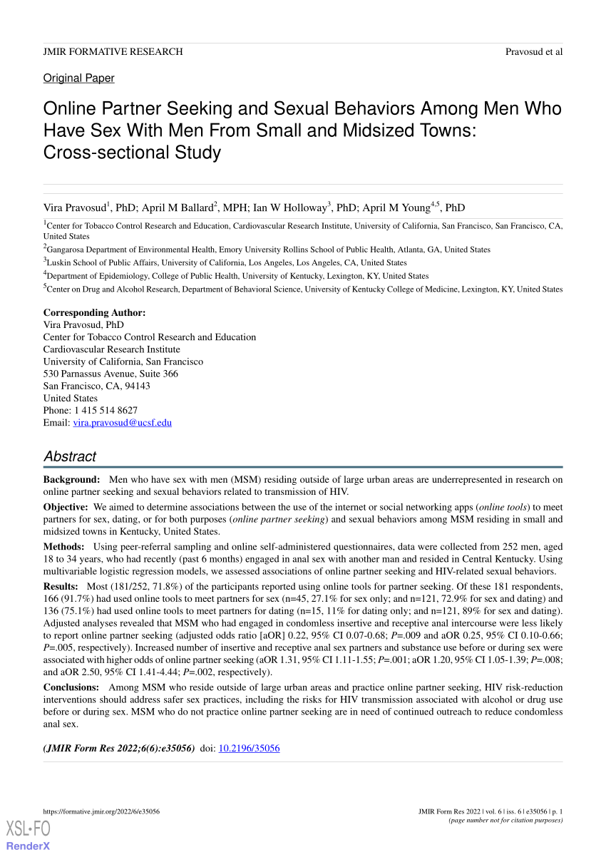 PDF) Online Partner Seeking and Sexual Behaviors Among Men Who Have Sex  With Men From Small and Midsized Towns: Cross-sectional Study