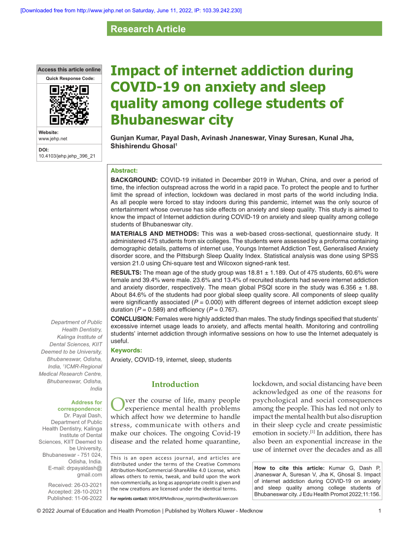PDF) Impact of internet addiction during COVID-19 on anxiety and sleep quality among college students of Bhubaneswar city