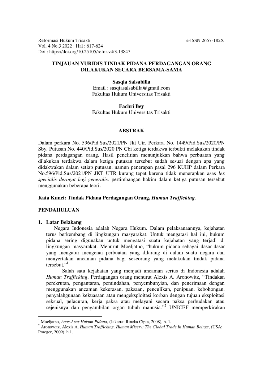 Pdf Tinjauan Yuridis Tindak Pidana Perdagangan Orang Dilakukan Secara