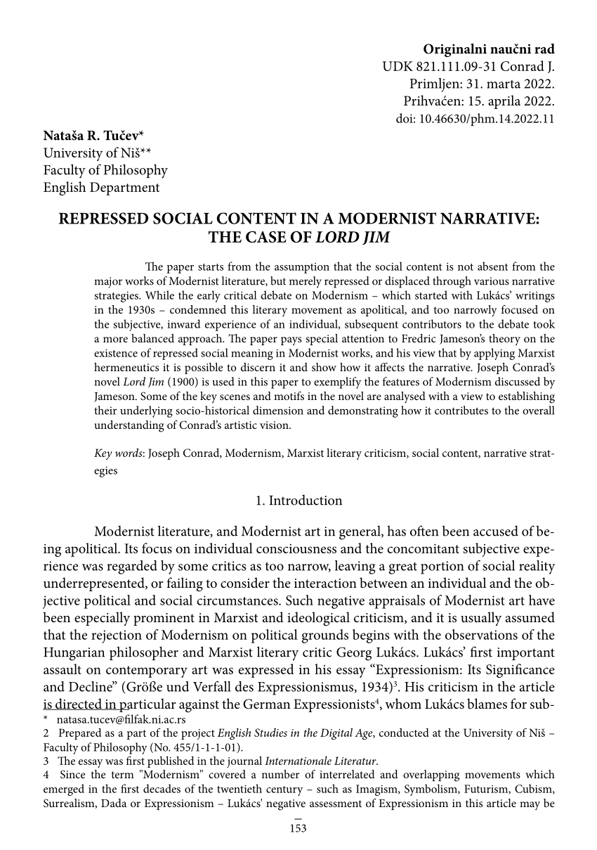 (PDF) REPRESSED SOCIAL CONTENT IN A MODERNIST NARRATIVE THE CASE OF