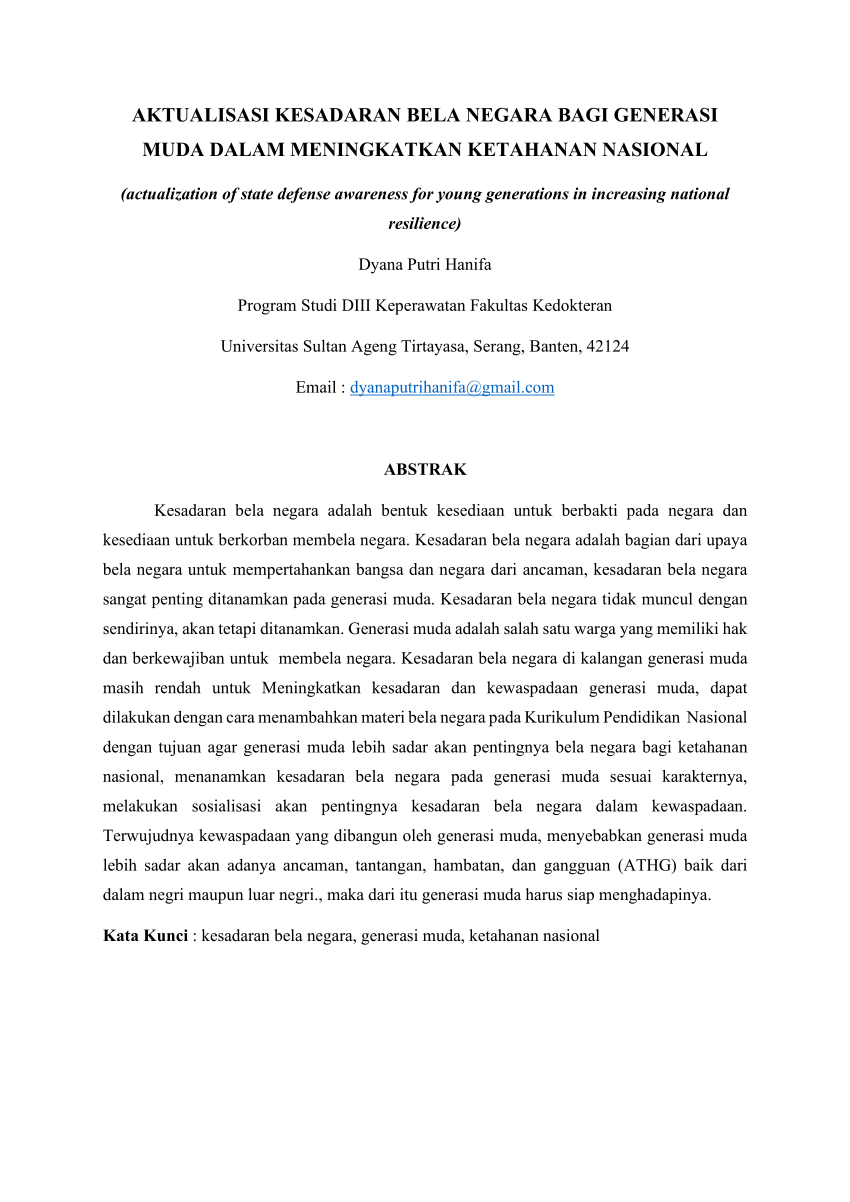 Pdf Aktualisasi Kesadaran Bela Negara Bagi Generasi Muda Dalam Meningkatkan Ketahanan Nasional