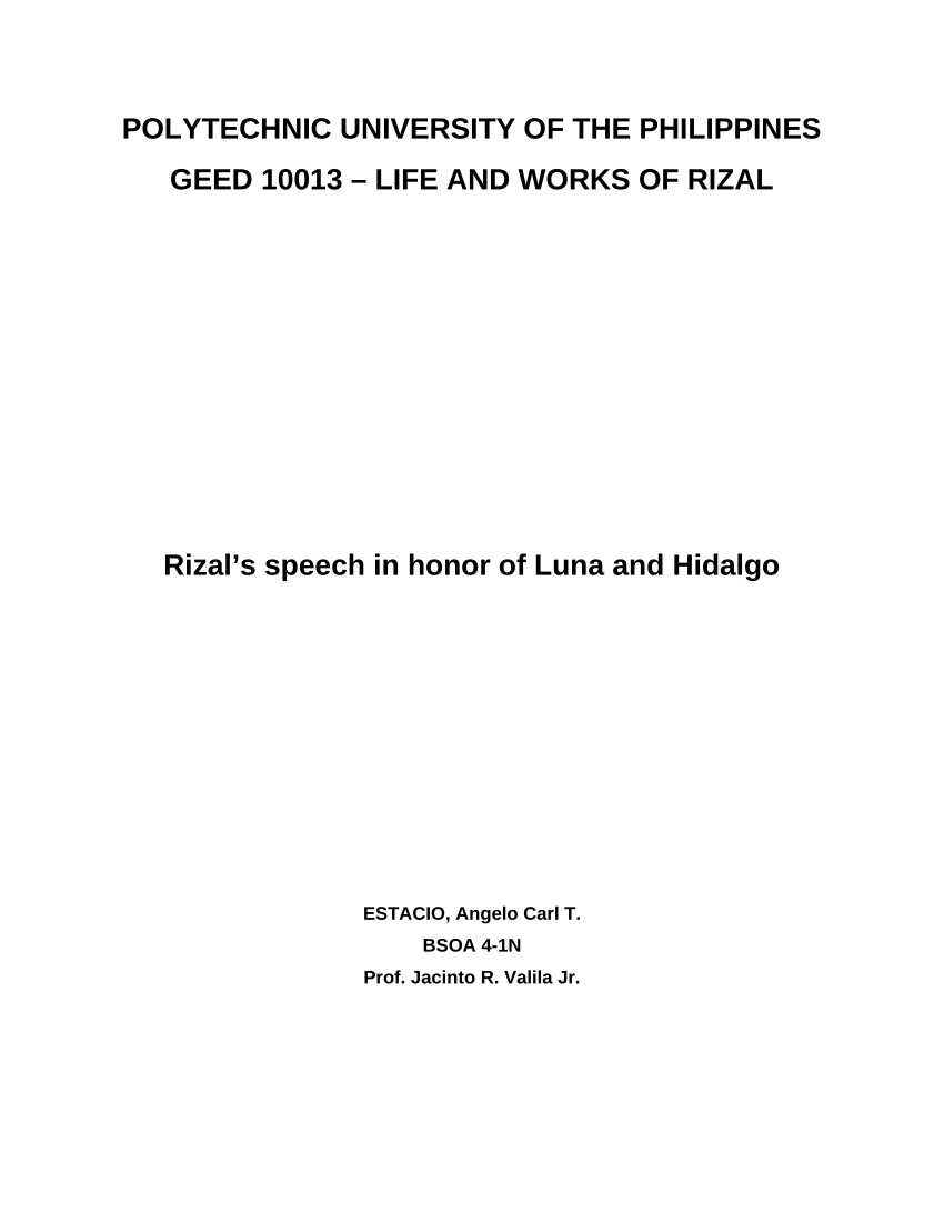 critique paper about rizal's speech for luna and hidalgo