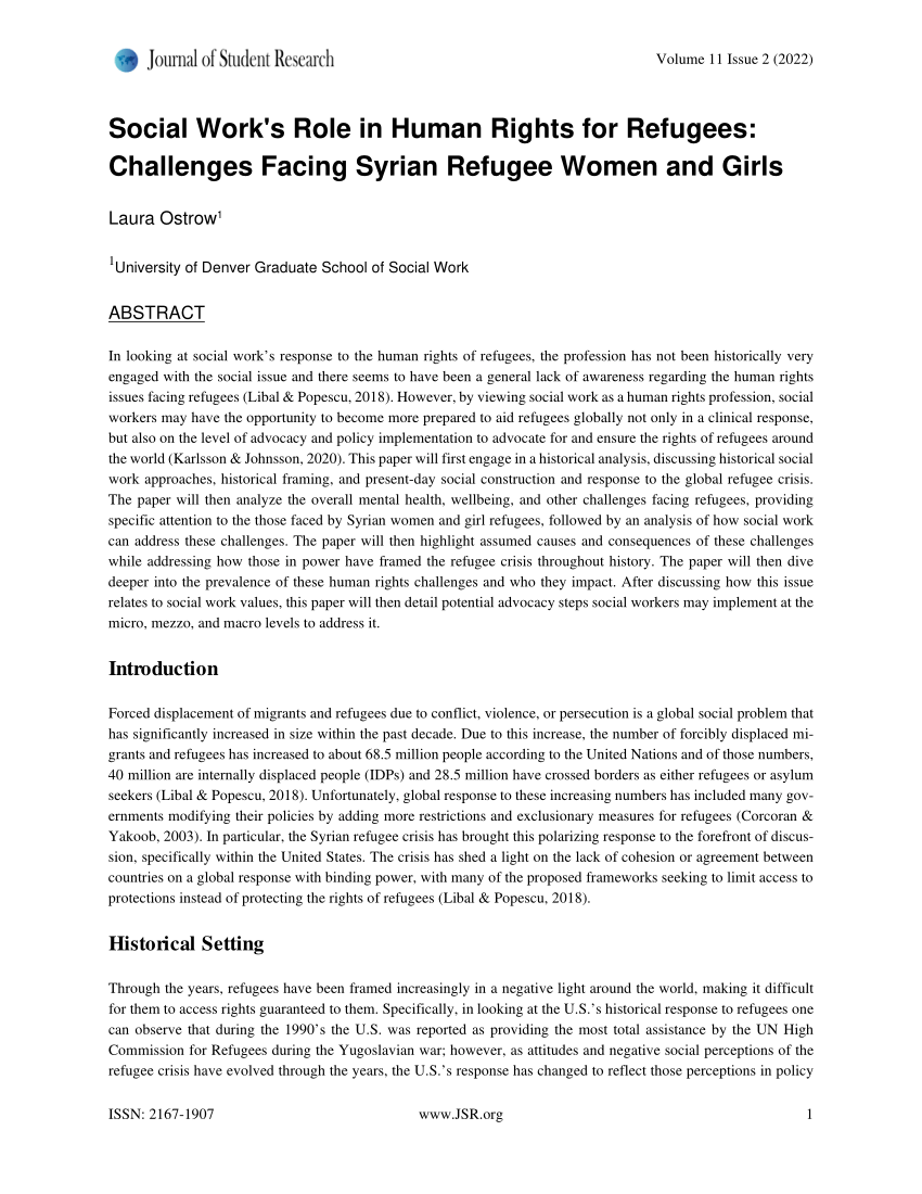 Pdf Social Works Role In Human Rights For Refugees Challenges Facing Syrian Refugee Women 4459