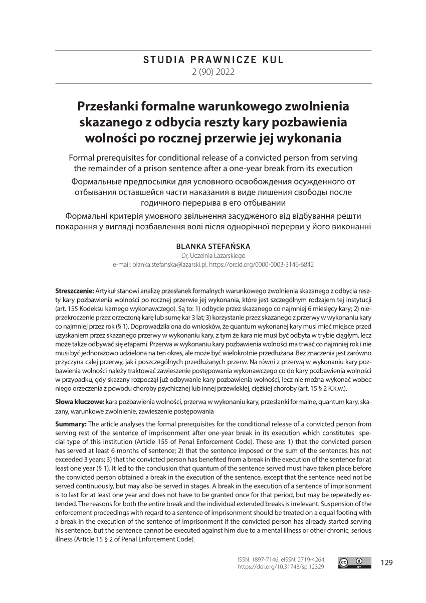 Pdf Przesłanki Formalne Warunkowego Zwolnienia Skazanego Z Odbycia Reszty Kary Pozbawienia 4864