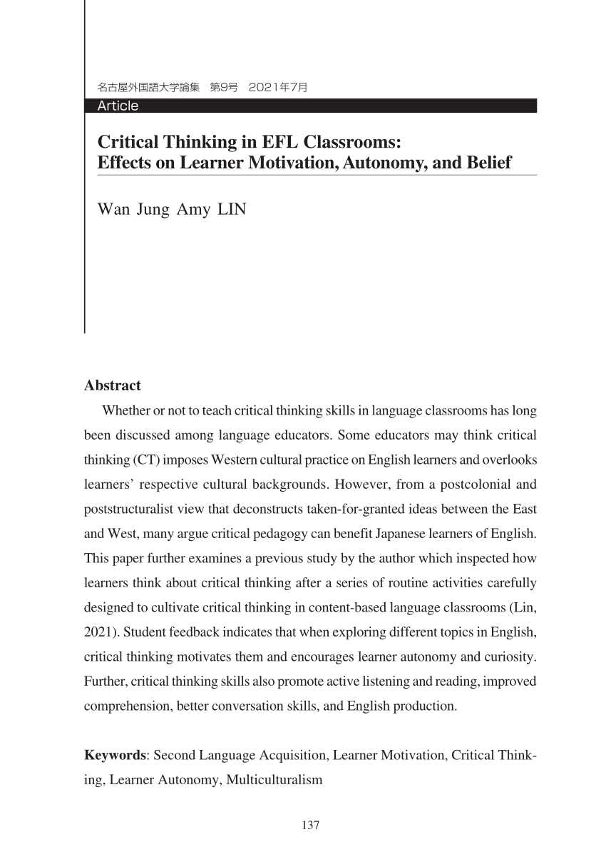 instructional strategies for developing critical thinking in efl classrooms