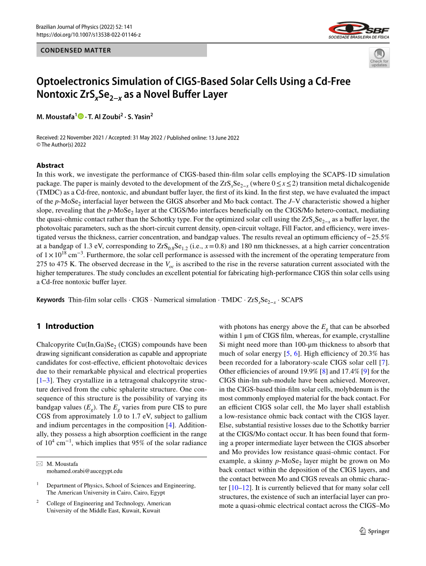 PDF) Optoelectronics Simulation of CIGS-Based Solar Cells Using a Cd-Free  Nontoxic ZrSxSe2−x as a Novel Buffer Layer