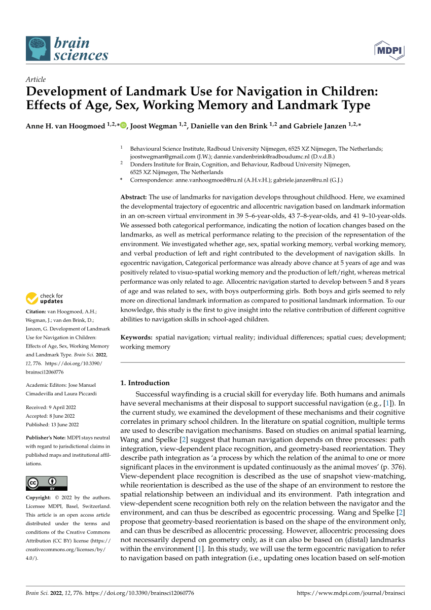 PDF) Development of Landmark Use for Navigation in Children: Effects of  Age, Sex, Working Memory and Landmark Type