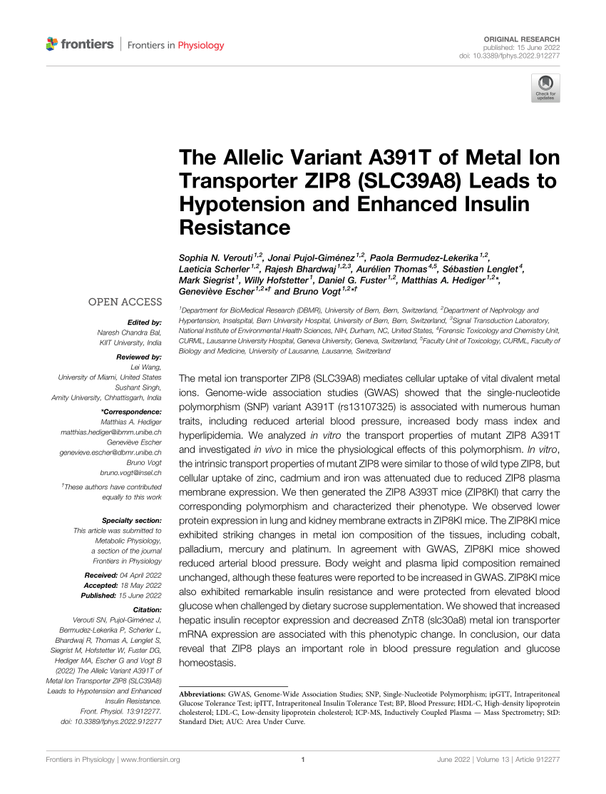 PDF The Allelic Variant A391T of Metal Ion Transporter ZIP8  