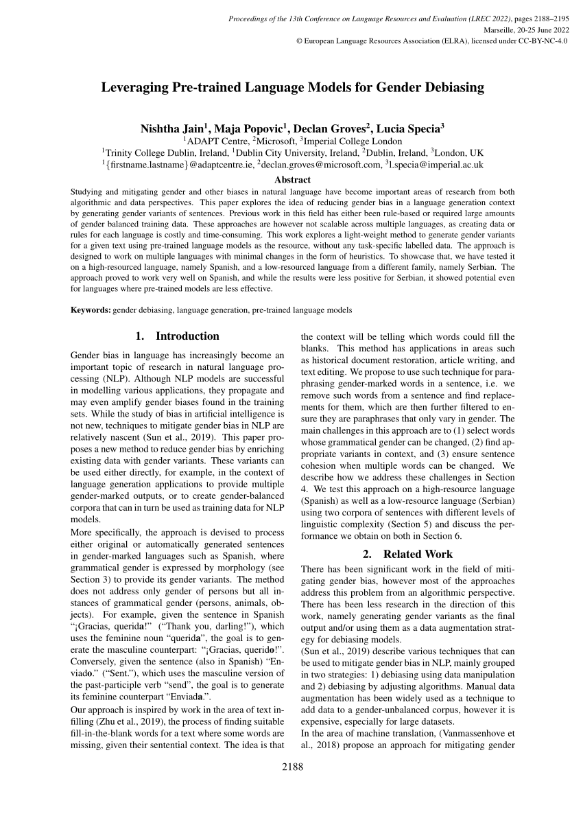 Pdf Leveraging Pre Trained Language Models For Gender Debiasing