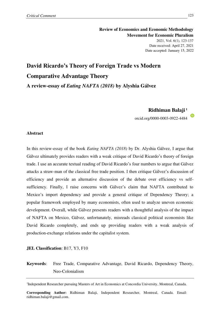 Pdf David Ricardo S Theory Of Foreign Trade Vs Modern Comparative Advantage Theory A Review Essay Of Eating Nafta 2018 By Alyshia Galvez