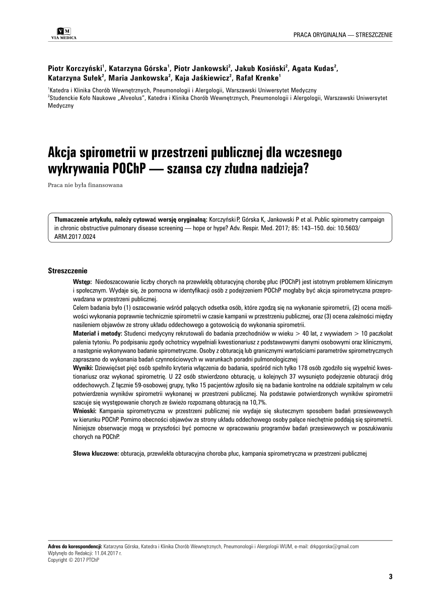 Pdf Akcja Spirometrii W Przestrzeni Publicznej Dla Wczesnego