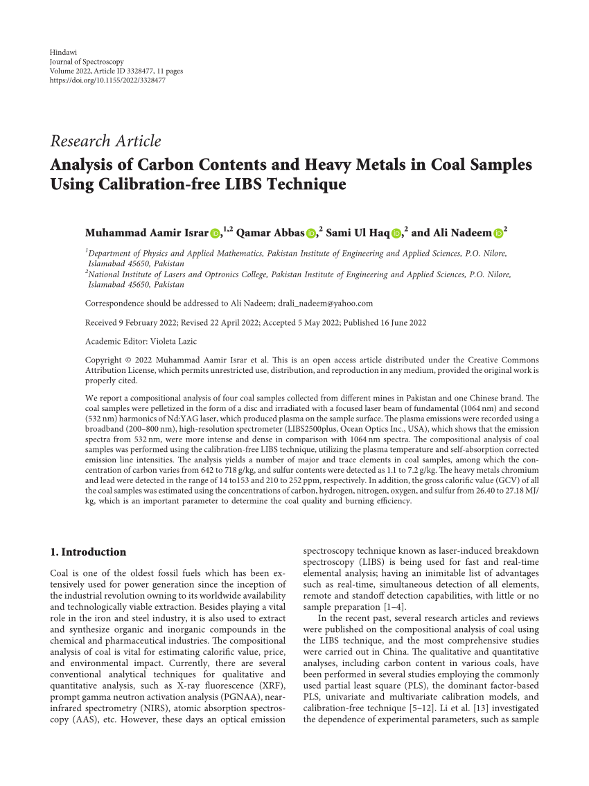 PDF) Analysis of Carbon Contents and Heavy Metals in Coal Samples