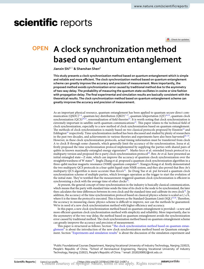 PDF) A clock synchronization method based on quantum entanglement