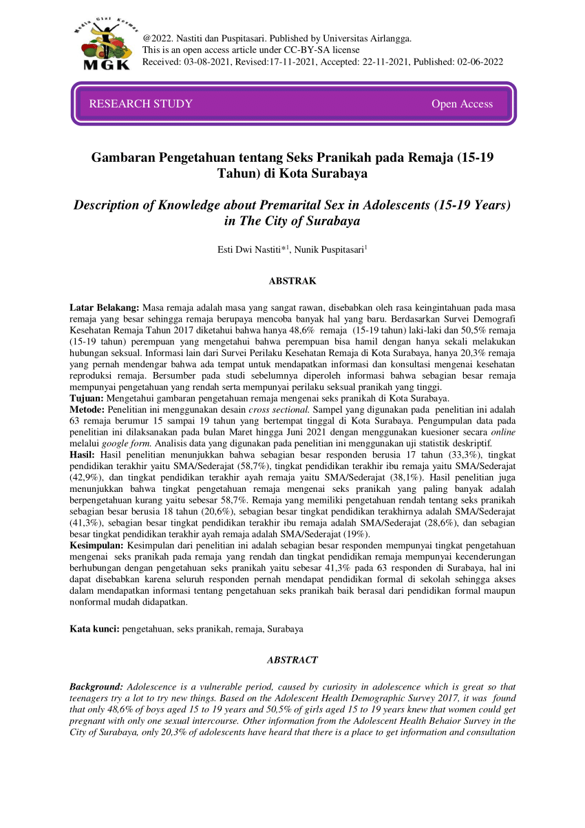 PDF) Pengetahuan Remaja Kota Surabaya Tentang Seks Pranikah
