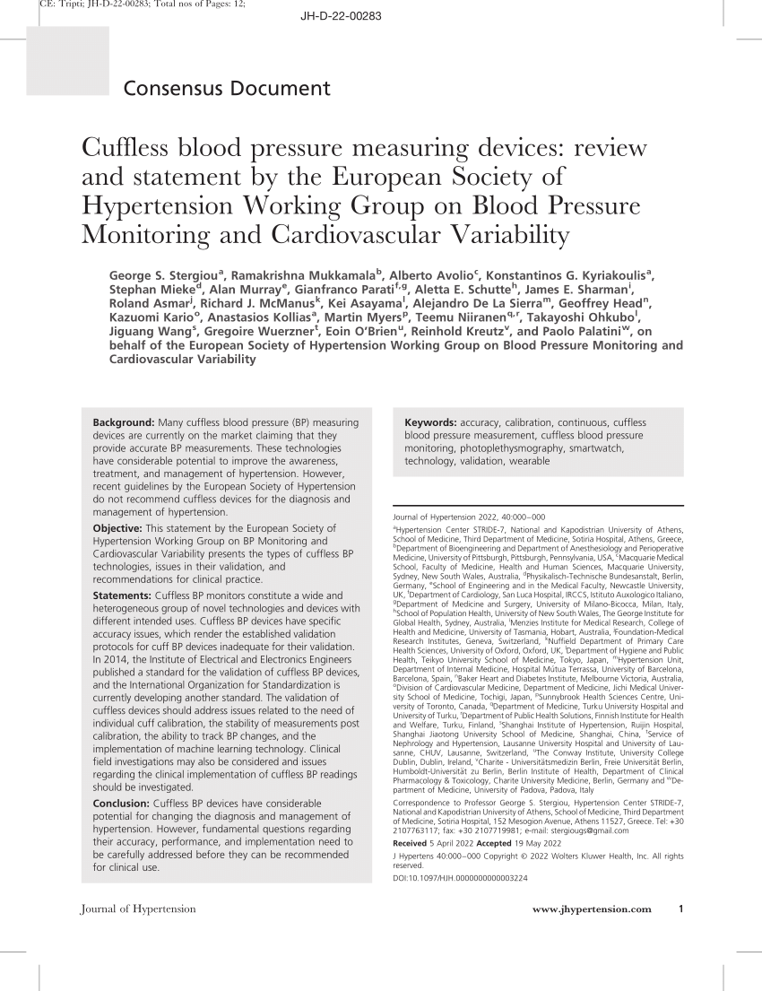 Cuffless Blood Pressure Monitors: Principles, Standards and Approval for  Medical Use