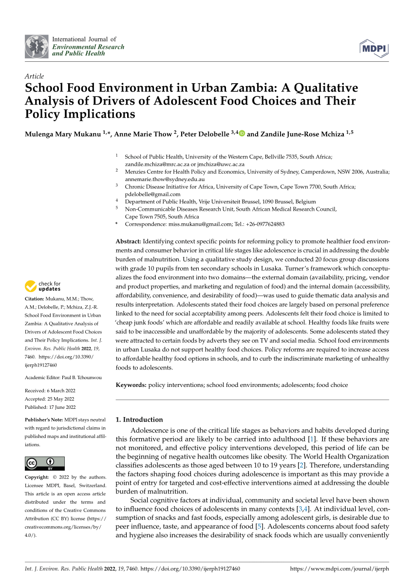 Pdf School Food Environment In Urban Zambia A Qualitative Analysis Of Drivers Of Adolescent Food Choices And Their Policy Implications