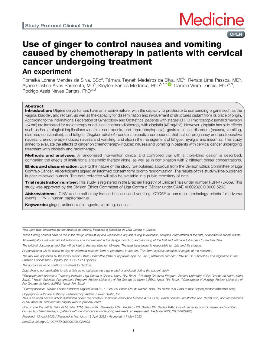 PDF) Use of ginger to control nausea and vomiting caused by chemotherapy in  patients with cervical cancer undergoing treatment