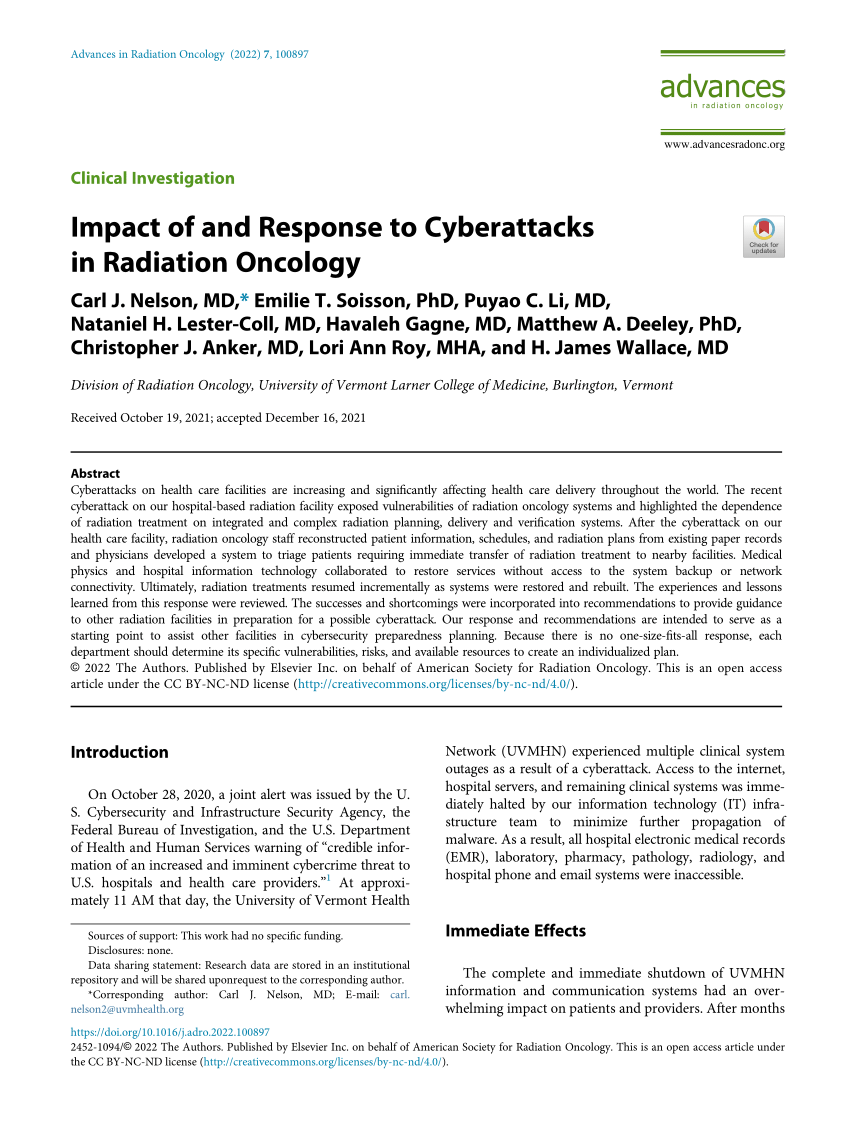 (PDF) Impact of and Response to Cyberattacks in Radiation Oncology