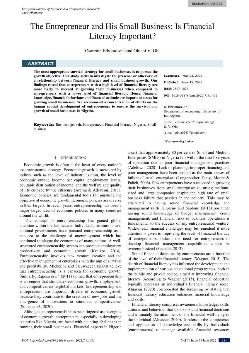 financial literacy small business owners research paper