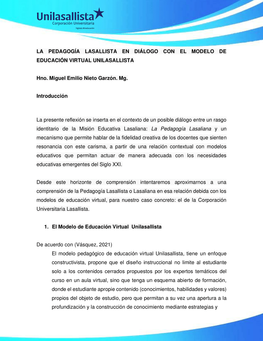 Pdf La PedagogÍa Lasallista En DiÁlogo Con El Modelo De EducaciÓn Virtual Unilasallista 1422