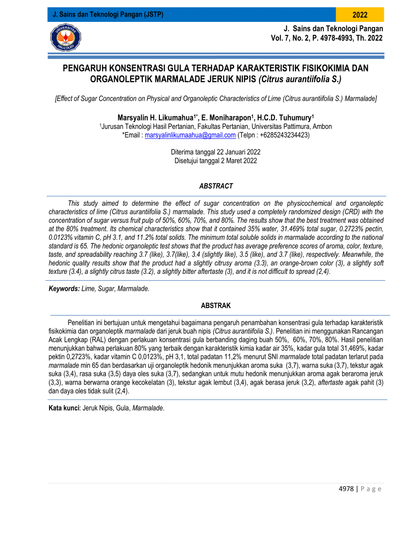 Pdf Pengaruh Konsentrasi Gula Terhadap Karakteristik Fisikokimia Dan Organoleptik Marmalade 5173
