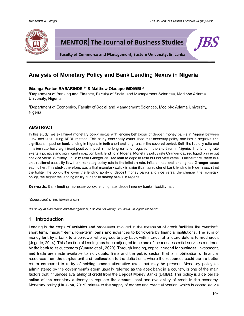 (PDF) Analysis of Policy and Bank Lending Nexus in Nigeria