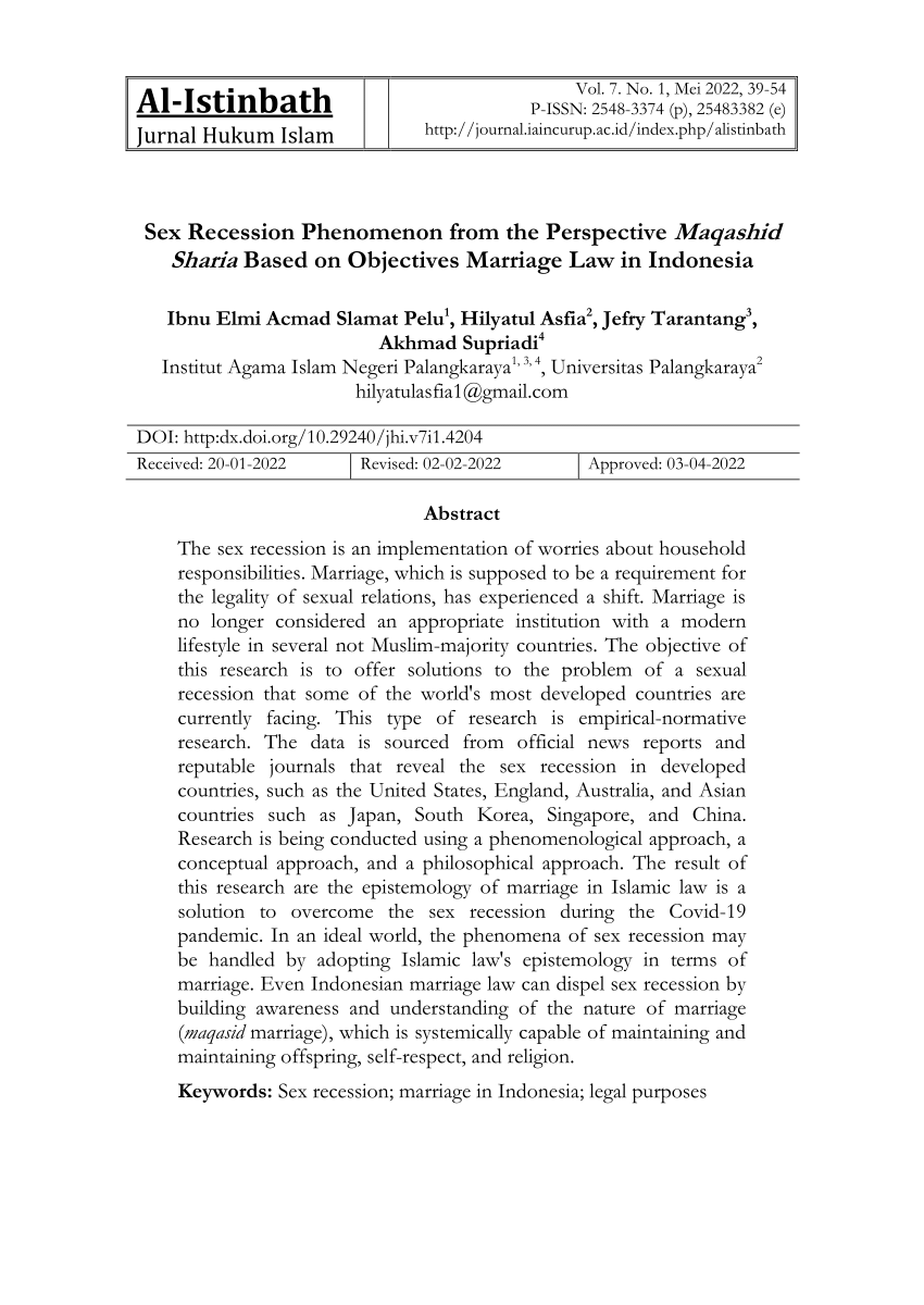 PDF) Sex Recession Phenomenon from the Perspective Maqashid Sharia Based on  Objectives Marriage Law in Indonesia