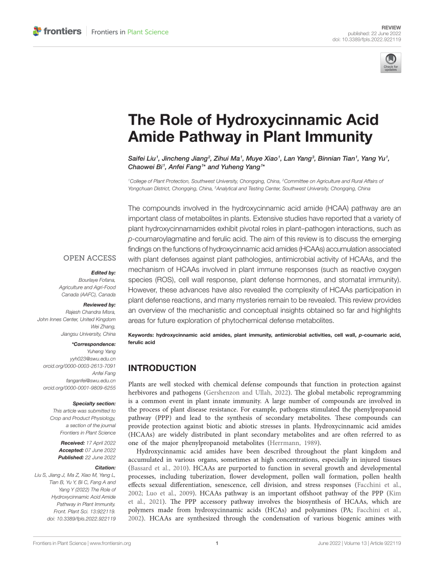 PDF) The Role of Hydroxycinnamic Acid Amide Pathway in Plant Immunity